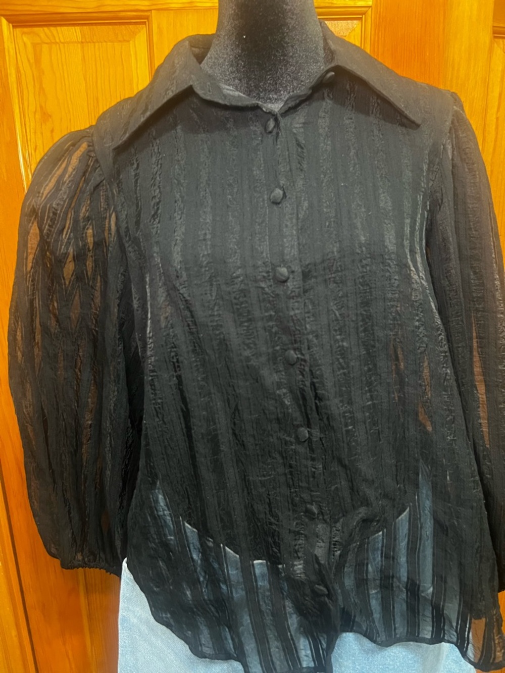 Zara Black Sheer Textured Button-Down Blouse